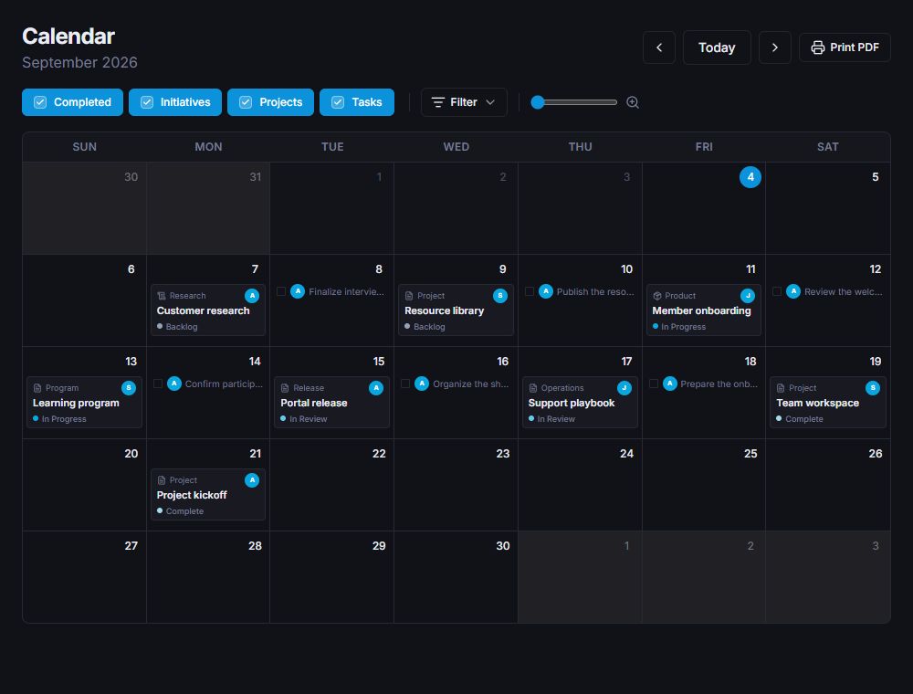 Beck team project calendar showing fictional Project Groups, projects, and tasks.
